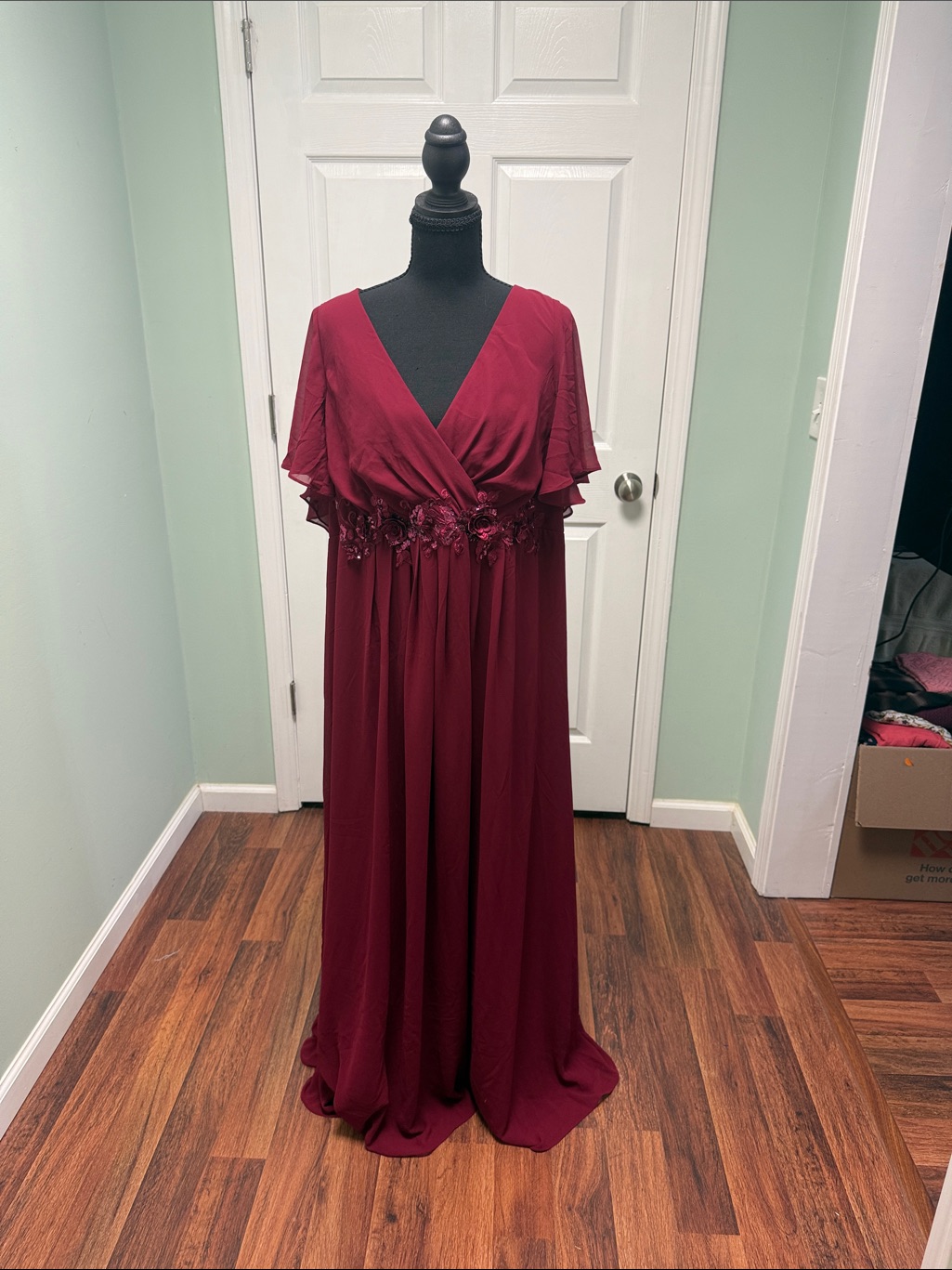 Ever Pretty Burgundy V-Neck Maxi Dress With Floral Waist